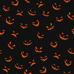 Seamless pattern of emotions from pumpkin lanterns. scary expression on black background. vector