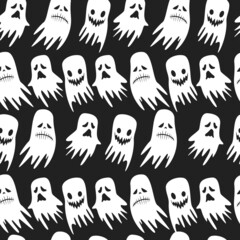 ghost seamless pattern isolated on black background. vector halloween party backdrop. 