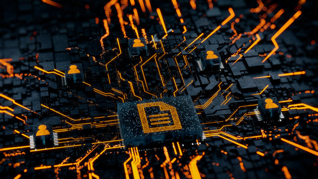 Word document Technology Concept with document symbol on a Microchip. Orange Neon Data flows between Users and the CPU across a Futuristic Motherboard. 3D render.