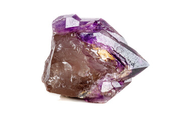 Macro Mineral Stone Amethyst together smoky quartz, rauchtopaz on a white background