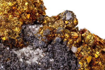 Macro mineral stone  Chalcopyrite on a white background
