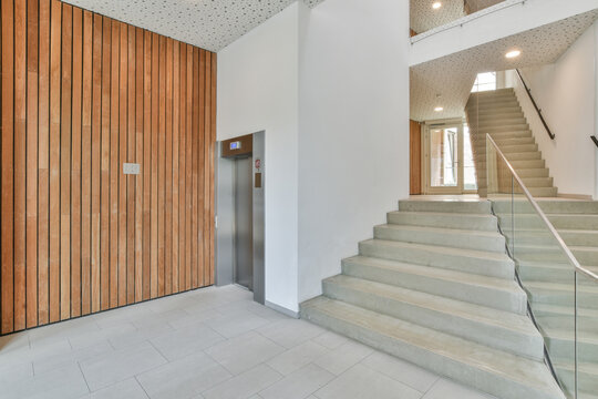 Corridor of new modern multistory house with elevator