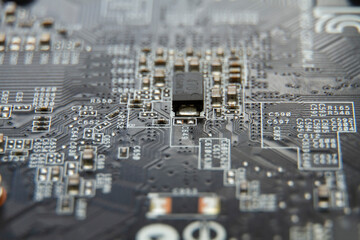 Closeup of computer technology. Photo of a motherboard with micro parts