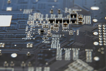 Closeup of computer technology. Photo of a motherboard with micro parts