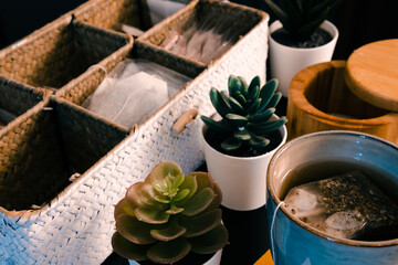 Cup of natural and healthy tea. Accessories for making tea.