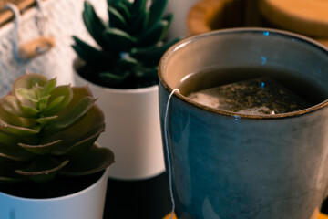 Cup of natural and healthy tea. Accessories for making tea.