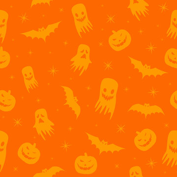 seamless pattern of pumpkin head, bat, star, and ghost on orange background. lantern in Halloween party celebration. vector