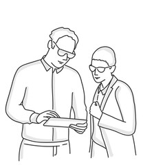 Business man and business woman in glasses discussion work.