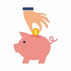 Hand saving money in piggy bank icon. Simple, high quality and suitable for your design. Flat design vector illustration on a white background. Piggy, bank, savings, economical.