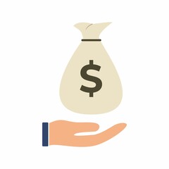 Hand and money bag icon. Simple, high quality and suitable for your design. Flat design vector illustration on a white background. Profit, income, buy.