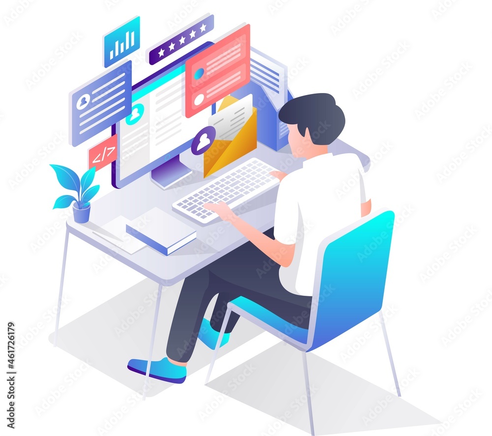Poster Man working with computer at desk