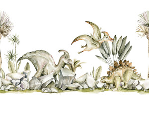 Watercolor cute dinosaurs border. Hand painted dino frame with palm tree, leaves, mountains, rocks for nursery decor, wallpaper, baby shower. isolated on white background. illustration for design © 60seconds