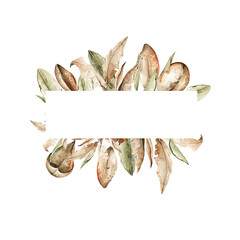 Fototapeta premium Watercolor floral wreath. Hand painted frame of tropical leaves, palm, green jungle leaf. Exotic border. Isolated on white background. Botanical illustration for card design, print.