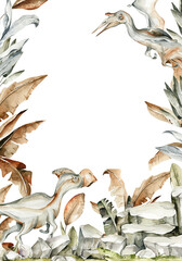 Fototapeta premium Watercolor cute dinosaurs border. Hand painted dino frame with palm tree, leaves, mountains, rocks for nursery decor, wallpaper, baby shower. isolated on white background. illustration for design