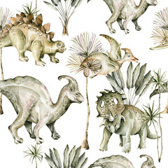 Watercolor nursery seamless pattern. Hand painted cute dinosaurs, tropical palm tree, jungle leaves, mountains. Dino illustration for design, wallpaper, scrapbooking © 60seconds