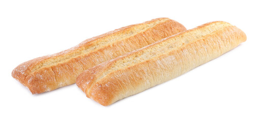 Tasty baguettes on white background. Fresh bread