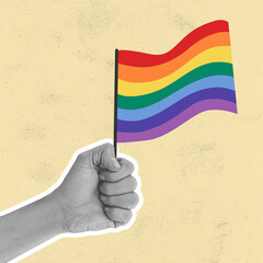 Hand holding rainbow LGBT flag against light background, artwork. Concept of gender relation,...