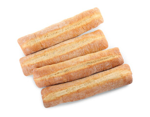 Tasty baguettes on white background, top view. Fresh bread