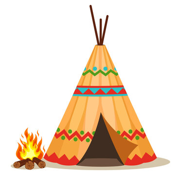 Indian wigwam with a bonfire close-up on a white.