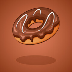 Donut with chocolate icing and sugar strip on top on brown background