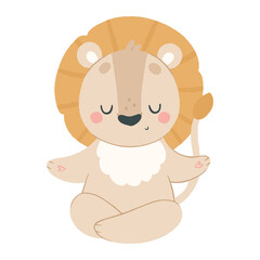 Cute lion meditates in a lotus position, animals yoga 