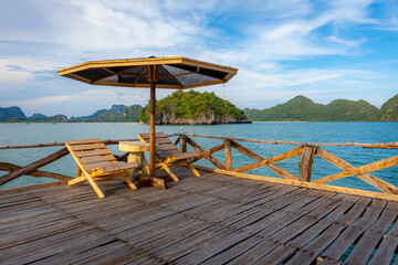 Beach chair on a relaxing day on a floating raft in the sea