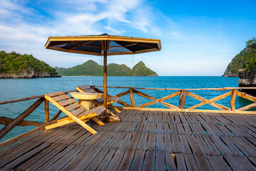 Beach chair on a relaxing day on a floating raft in the sea