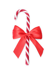 Sweet Christmas candy cane with red bow on white background, top view