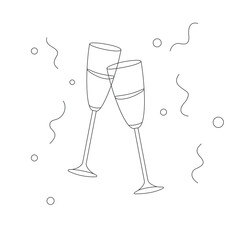 Two festive champagne glasses. Vector outline illustration. Suitable for use as icons, postcards, invitations, typography, websites, brochures and banners. 