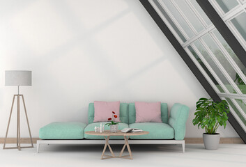 interior modern living room with sofa,  plant, lamp, decoration, 3D render