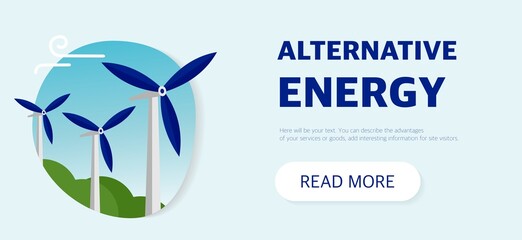 Obraz premium Clean alternative energy from renewable solar and wind sources. Wind turbines and solar panels. The background of the main page website template.