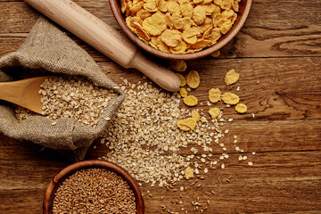 wooden kitchen items cereals products view from above