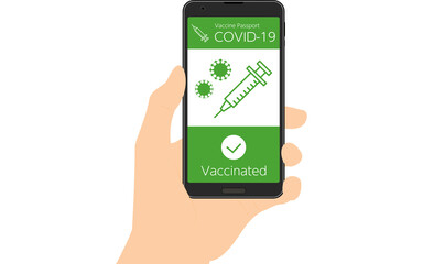 コロナウイルスのワクチン接種を証明するワクチンパスポートのスマホアプリ（接種済み）を見せる手