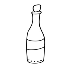 Doodle bottle of wine. Vector of bottles for sketches. Glass bottle with wine or champagne. Black outline of the bottle isolated on a white background.