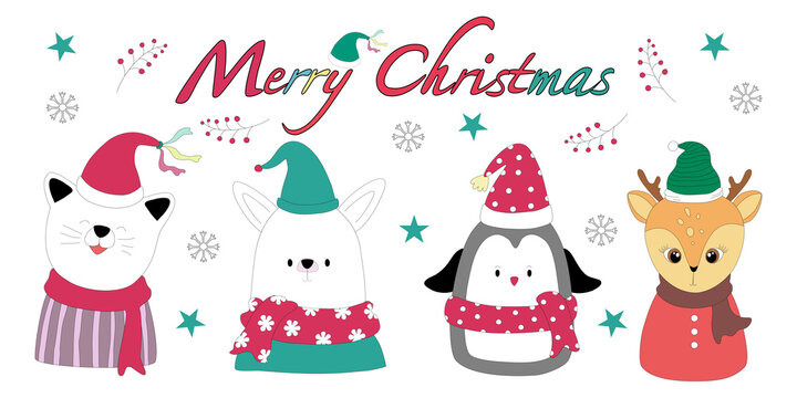 Merry Christmas with cute characters (clip art) designed in doodle style that can be applied to Christmas themes such as invitation cards, mugs, kids activities, t-shirts, pillows, fabric print, gift 
