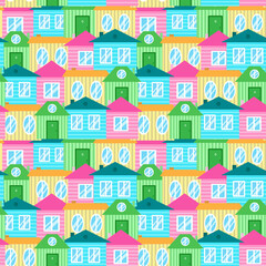Seamless pattern with colorful cartoon houses. Cute illustration in pastel tones. Print for textile, interior, wrapping paper, design and decor. 