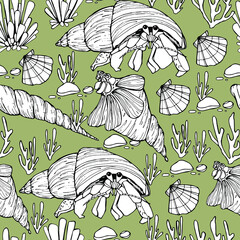 Marine background. Shells, mollusk, punished. Seaweed. Hand-drawn graphics, water world, wildlife. Background for children and adults. For painting, textiles, design, coloring, print. Stock illustrati - 461731530