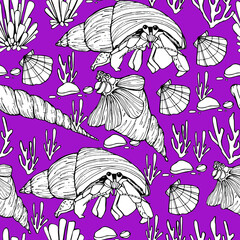 Marine background. Shells, mollusk, punished. Seaweed. Hand-drawn graphics, water world, wildlife. Background for children and adults. For painting, textiles, design, coloring, print. Stock illustrati