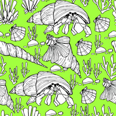 Marine background. Shells, mollusk, punished. Seaweed. Hand-drawn graphics, water world, wildlife. Background for children and adults. For painting, textiles, design, coloring, print. Stock illustrati - 461731567