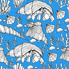 Marine background. Shells, mollusk, punished. Seaweed. Hand-drawn graphics, water world, wildlife. Background for children and adults. For painting, textiles, design, coloring, print. Stock illustrati - 461731577