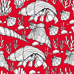 Marine background. Shells, mollusk, punished. Seaweed. Hand-drawn graphics, water world, wildlife. Background for children and adults. For painting, textiles, design, coloring, print. Stock illustrati - 461731598