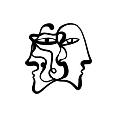 Black ink modern abstract twins faces portrait. Linear art contemporary painting. Fashion style minimalist drawing. Good for poster design and more.