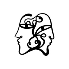 Black ink modern abstract twins faces portrait. Linear art contemporary painting. Fashion style minimalist drawing. Good for poster design and more.