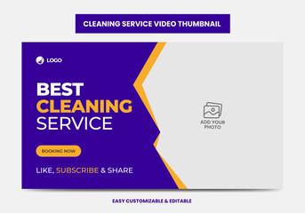 Cleaning service company video thumbnail and web banner design template. Home, office, hotel, restaurant, garden cleaning video thumbnail desgin