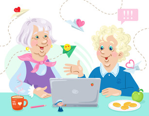 Obraz na płótnie Canvas Happy grandmothers at the laptop screen. Online communication. In cartoon style. Isolated on white background. Vector illustration. 