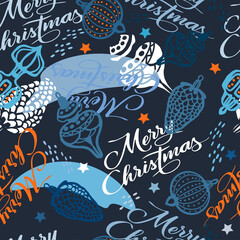 Seamless background for Merry Christmas. Silhouettes of Christmas tree decorations, spots and stars. For printing holiday packaging, textiles, printing.

