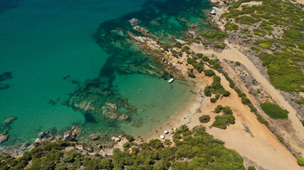 Aerial drone photo of famous bay and sandy beach of Agios Petros in Northern Skiros island, Sporades, Greece