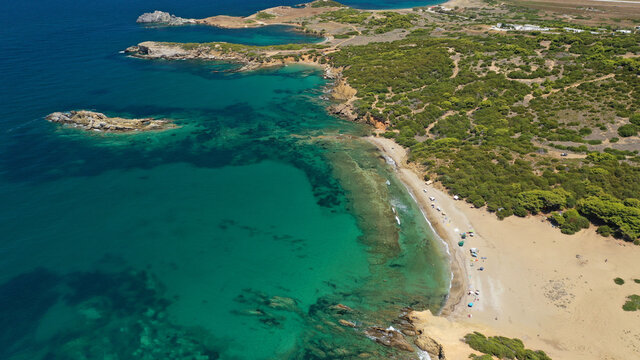 Aerial drone photo of famous bay and sandy beach of Agios Petros in Northern Skiros island, Sporades, Greece