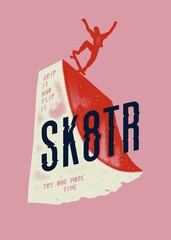 Skater on ramp, SK8TR typography and person riding skateboard on the top of the ramp. Summer sports vintage typography t-shirt print.