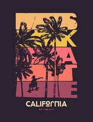 Skate and palms. Skater riding skateboard between the palms on the sunset. Vintage typography t-shirt print.